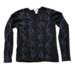 FOXCROFT Size Medium Cardigan Zip Up Black Blue Multicolored Swirls Doodle 0056s